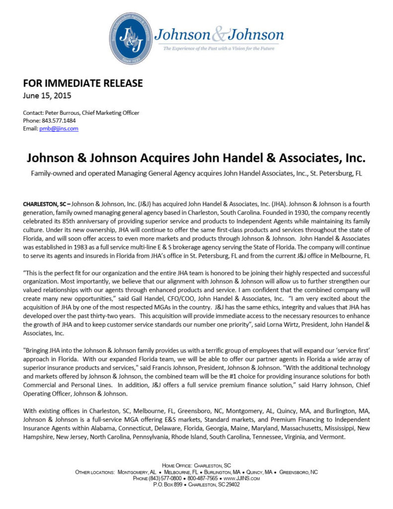 Johnson & Johnson acquisition John Handle and Associates Press Release