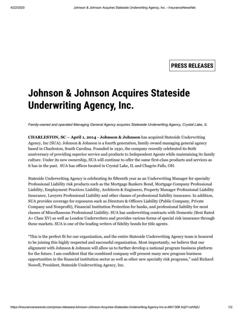 Johnson & Johnson Acquires Stateside Underwriting Agency Inc
