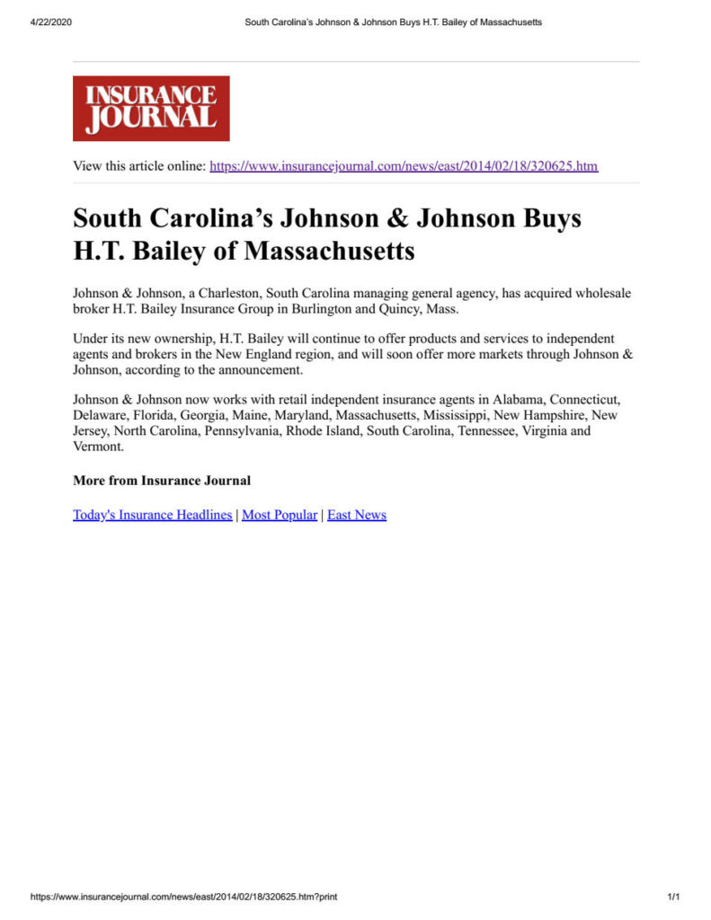 South Carolinas Johnson & Johnson Buys H.T. Bailey of Massachusetts